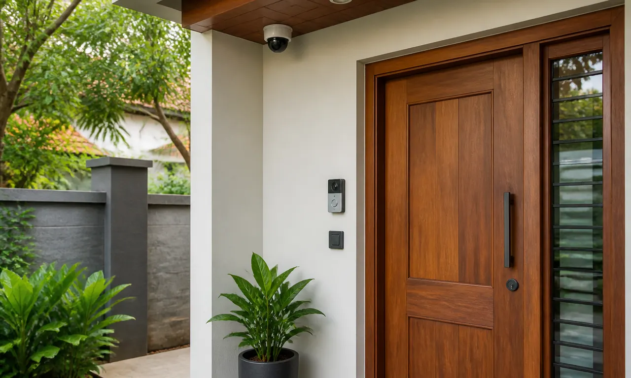 Secure Indian home entrance with a strong door lock, video doorbell and CCTV camera