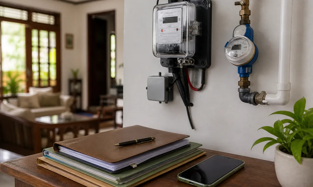 Utility meters and a phone dashboard used to monitor an unoccupied home