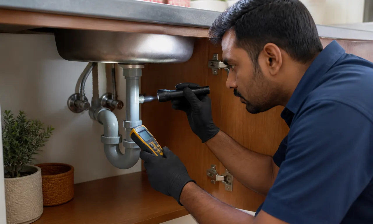 Preventive plumbing inspection under a kitchen sink in a well-kept home