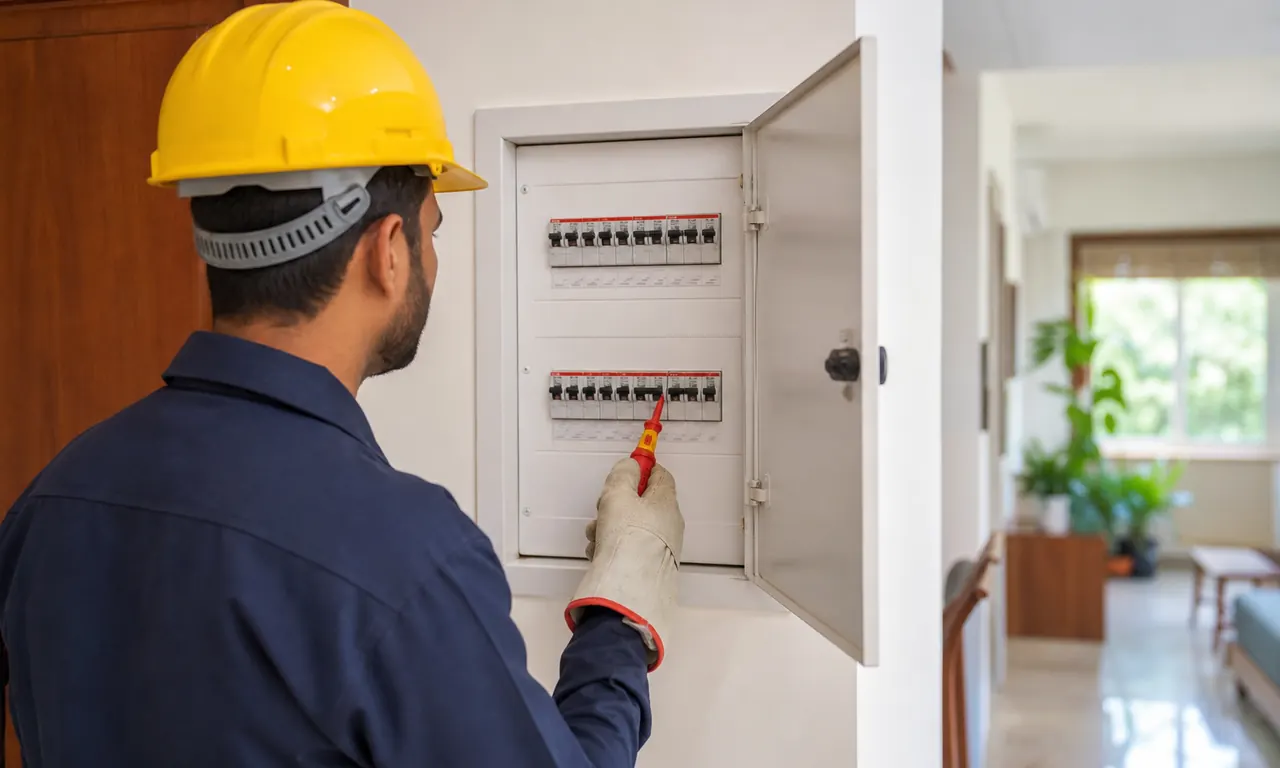 Qualified electrician safely inspecting a residential electrical panel