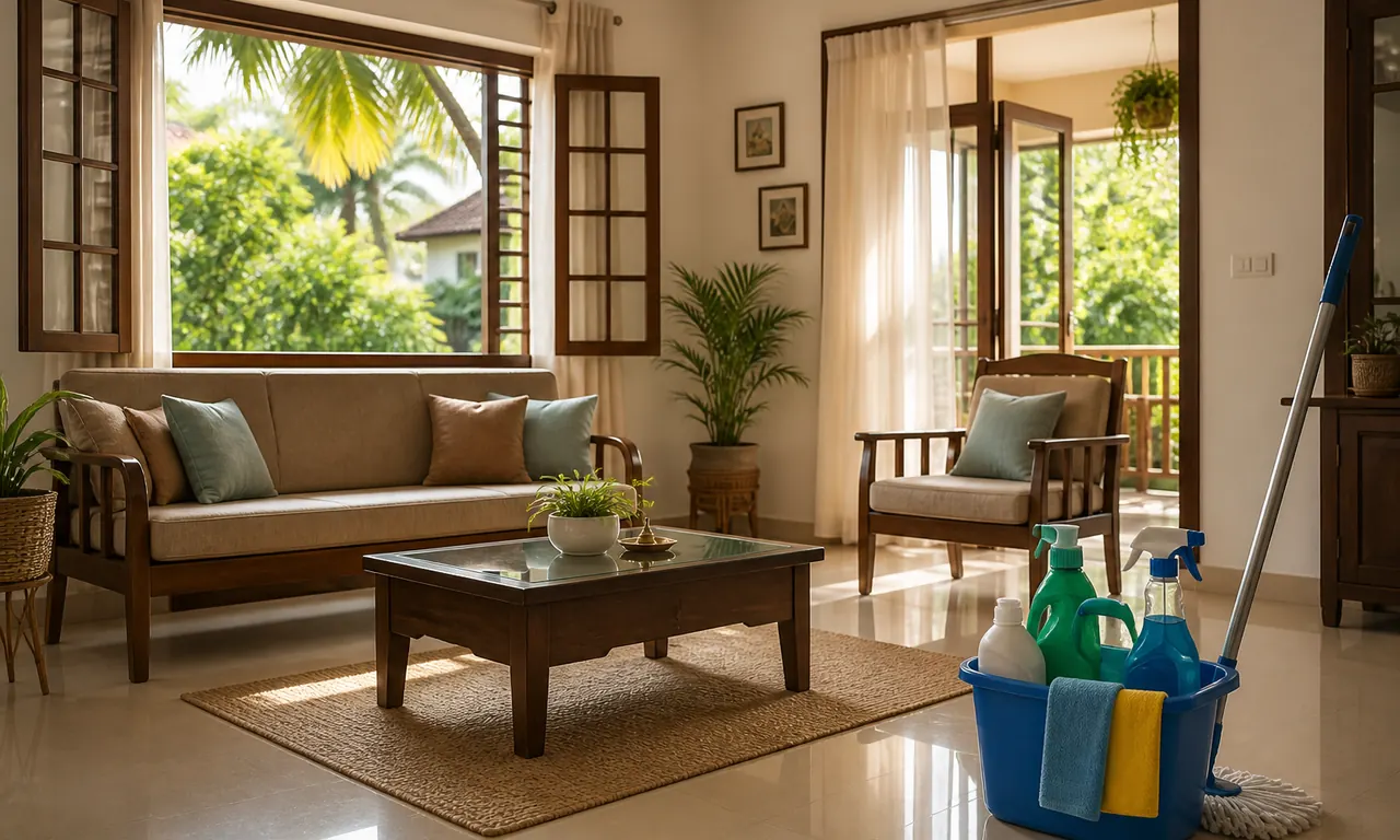 Bright, clean Indian living room being aired during a scheduled property visit