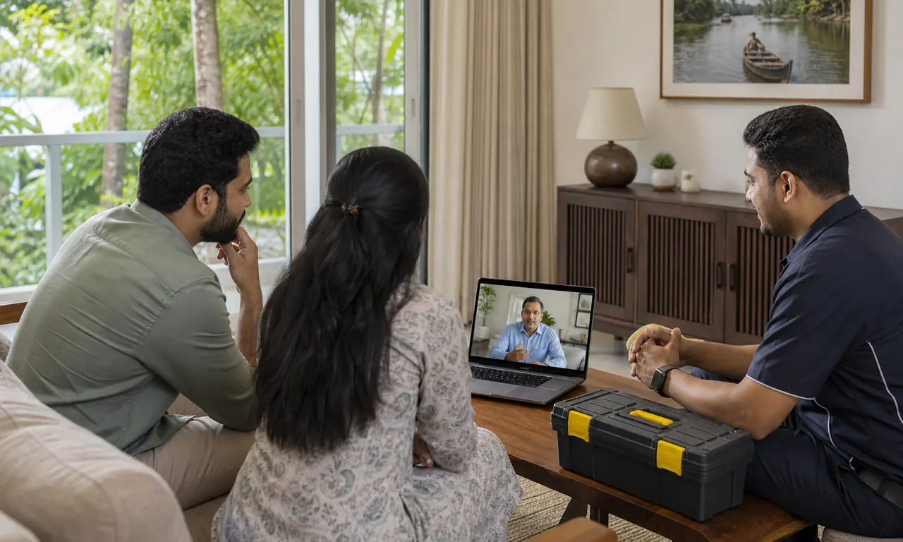 Homeowner reviewing a serious maintenance concern with a qualified technician