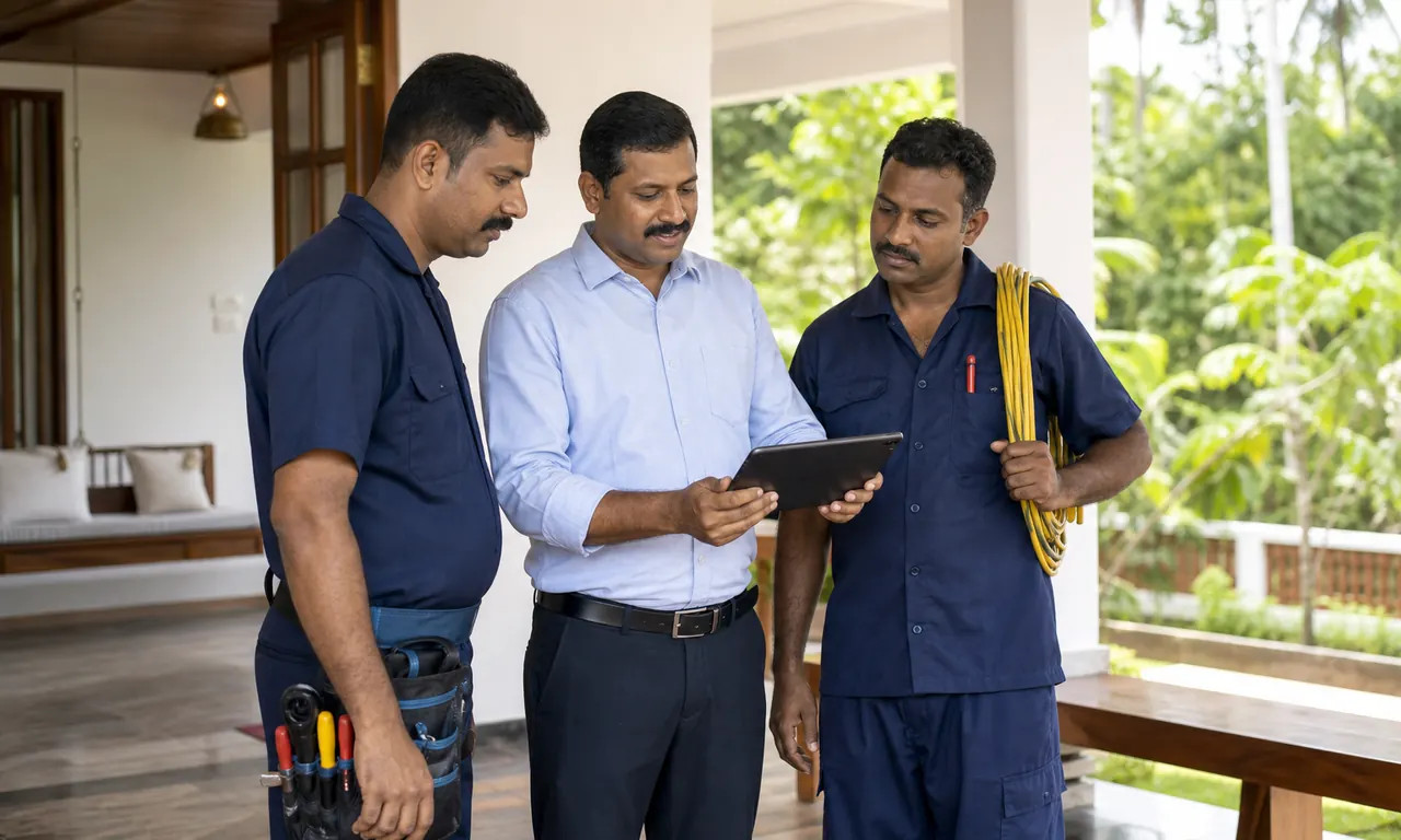 Kerala property coordinator reviewing maintenance work with qualified local professionals