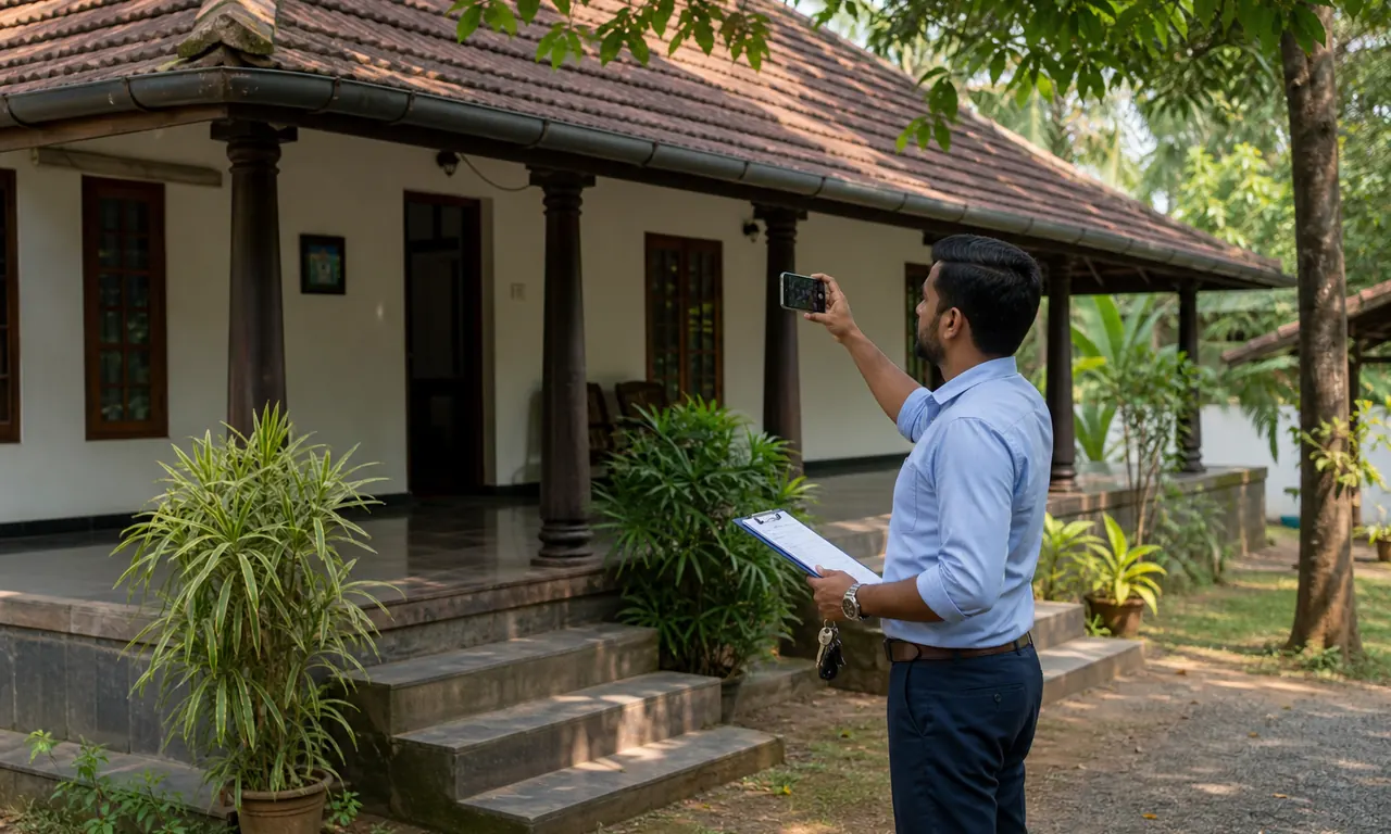 Local property inspector documenting the condition of an NRI-owned Kerala home