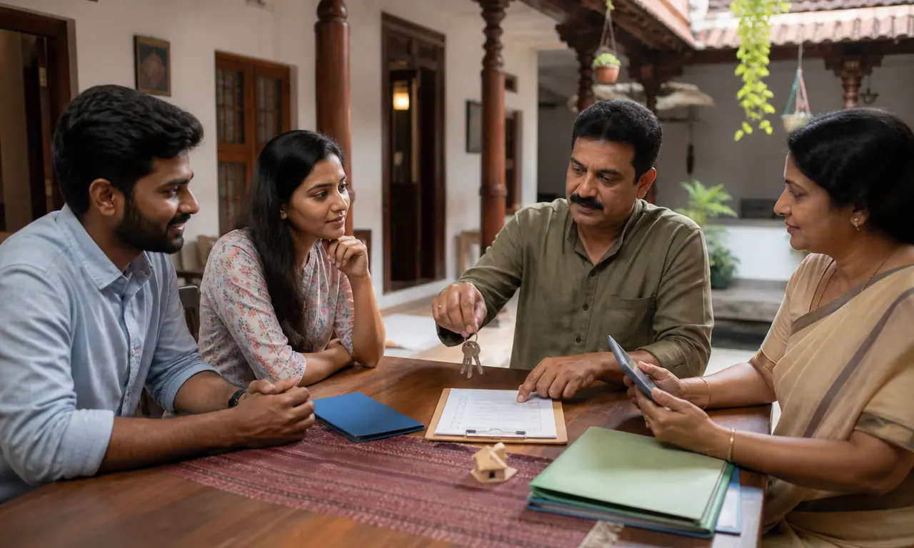 Kerala family assigning property responsibilities using a checklist, keys and records