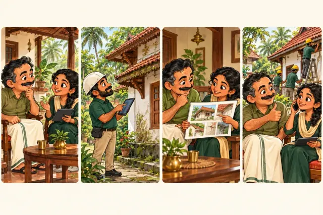 Caricatures showing consultation, inspection, a report and owner approval followed by updates