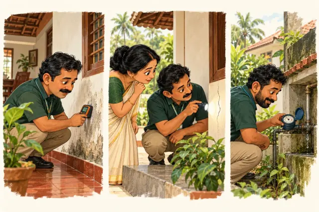 Caricatures of inspectors observing damp, cracks and a water meter