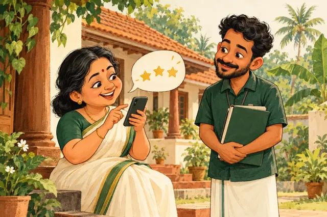 Fictional caricature of a homeowner sharing feedback while a coordinator listens