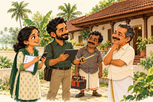 Caricatures of a coordinator, inspector and tradesperson discussing a home with its owner