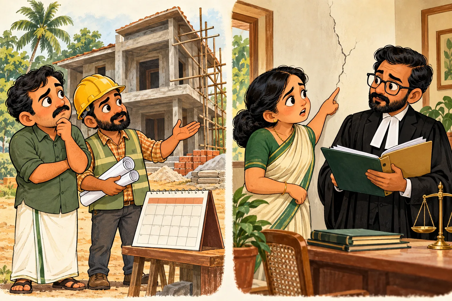 Caricatures showing an unfinished home and calendar, and a homeowner reviewing a wall defect and warranty papers with an advocate
