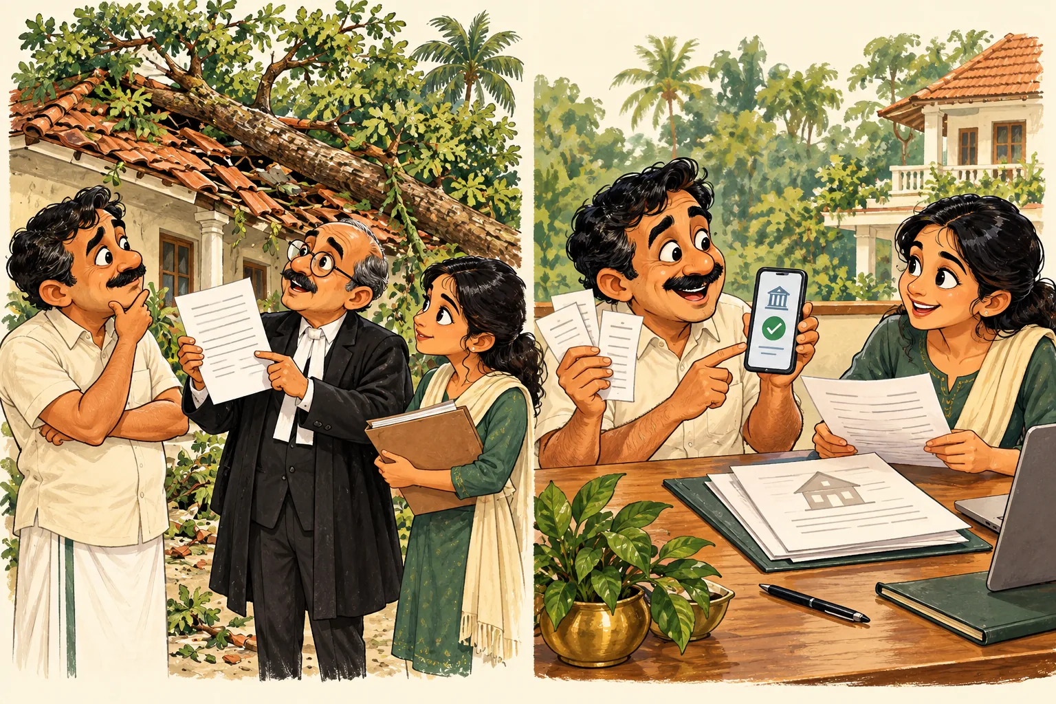 Caricatures showing damage to a home and a property owner reviewing payment records with a coordinator