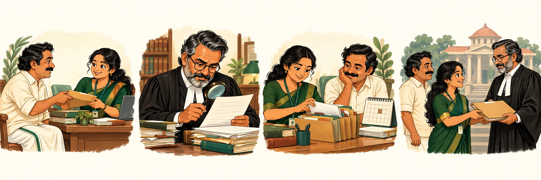 Four caricature scenes: initial enquiry, independent advocate review, organised case preparation and handover to the advocate