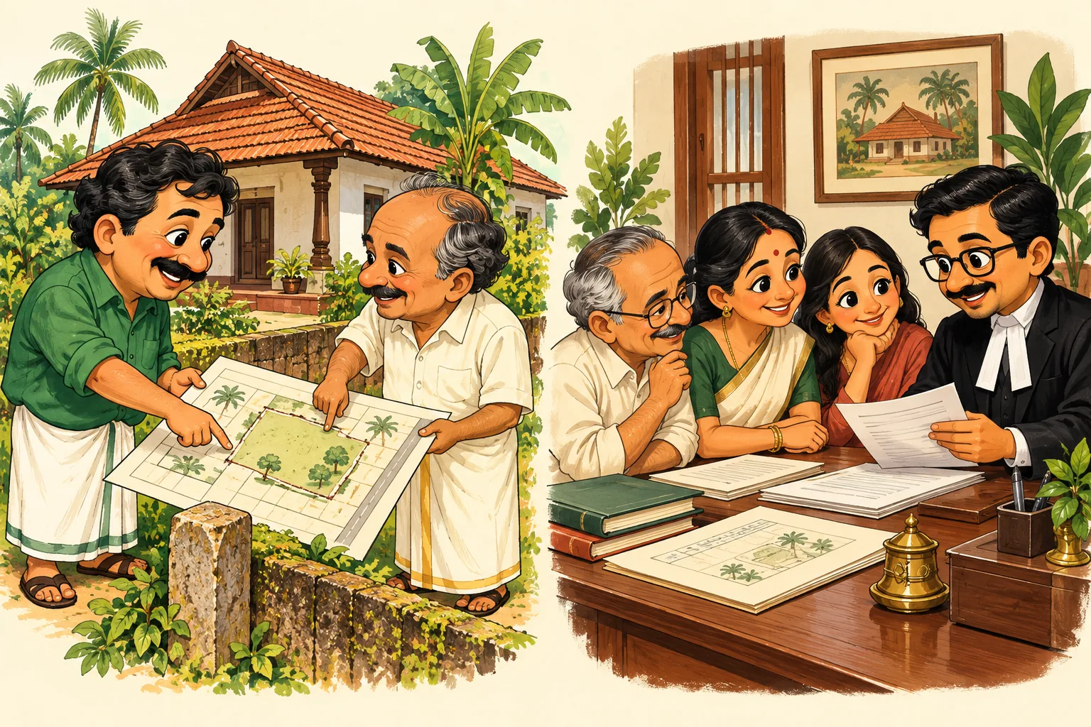 Caricatures showing neighbours reviewing a boundary map and a family discussing inherited property