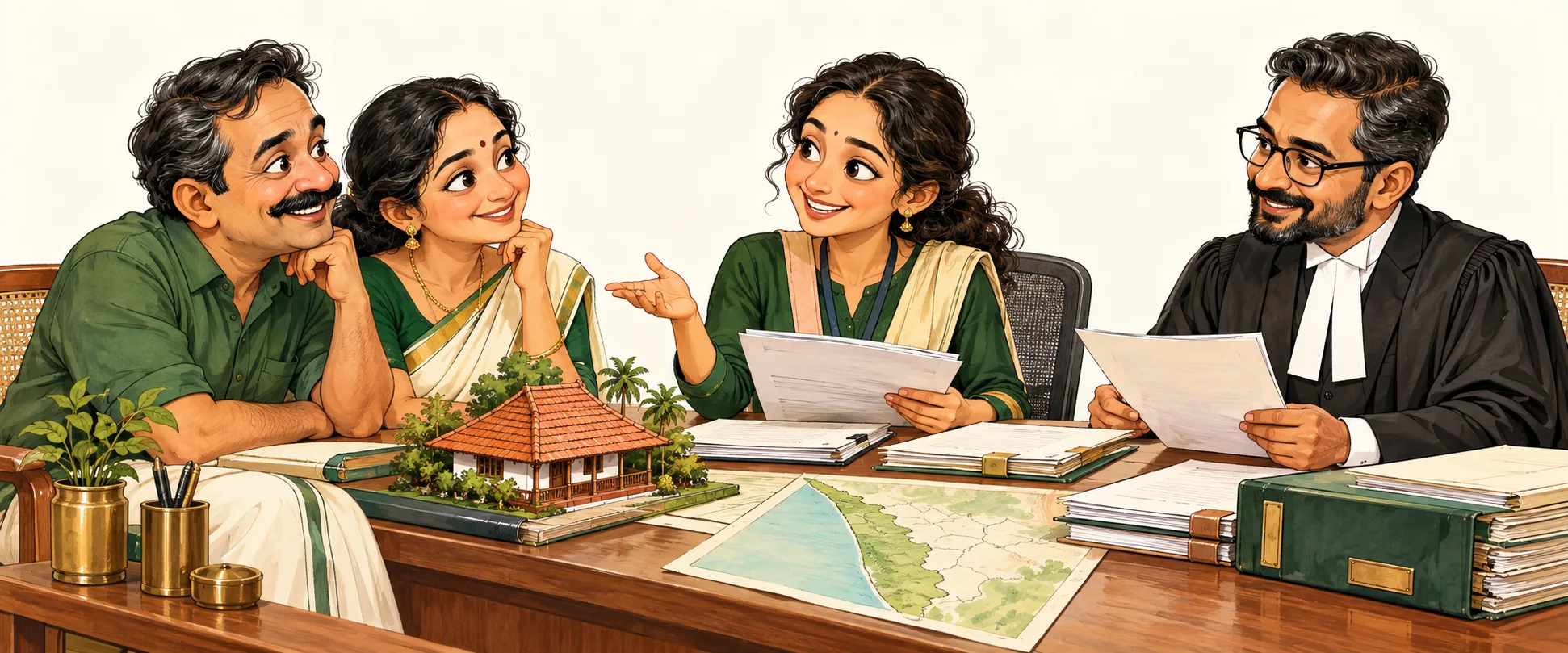 Caricature of property owners discussing their documents with a coordinator and a separate independent advocate