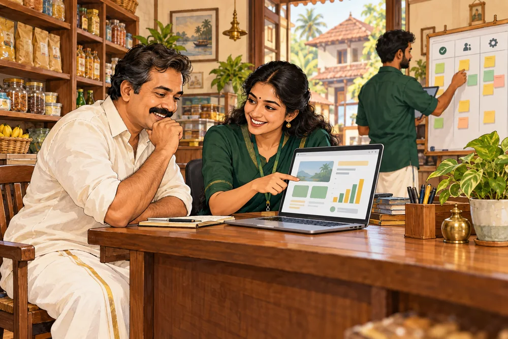 Illustrated coordinator and shop owner review a website while a colleague organises business tasks