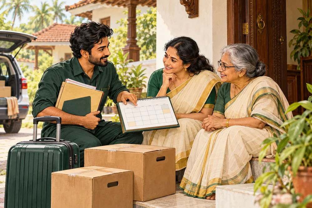 Illustrated coordinator helps a family plan appointments and relocation with documents and moving boxes